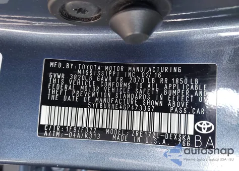 2016 Toyota Corolla S из США, поврежденный, VIN 5YFBURHE4GP473367